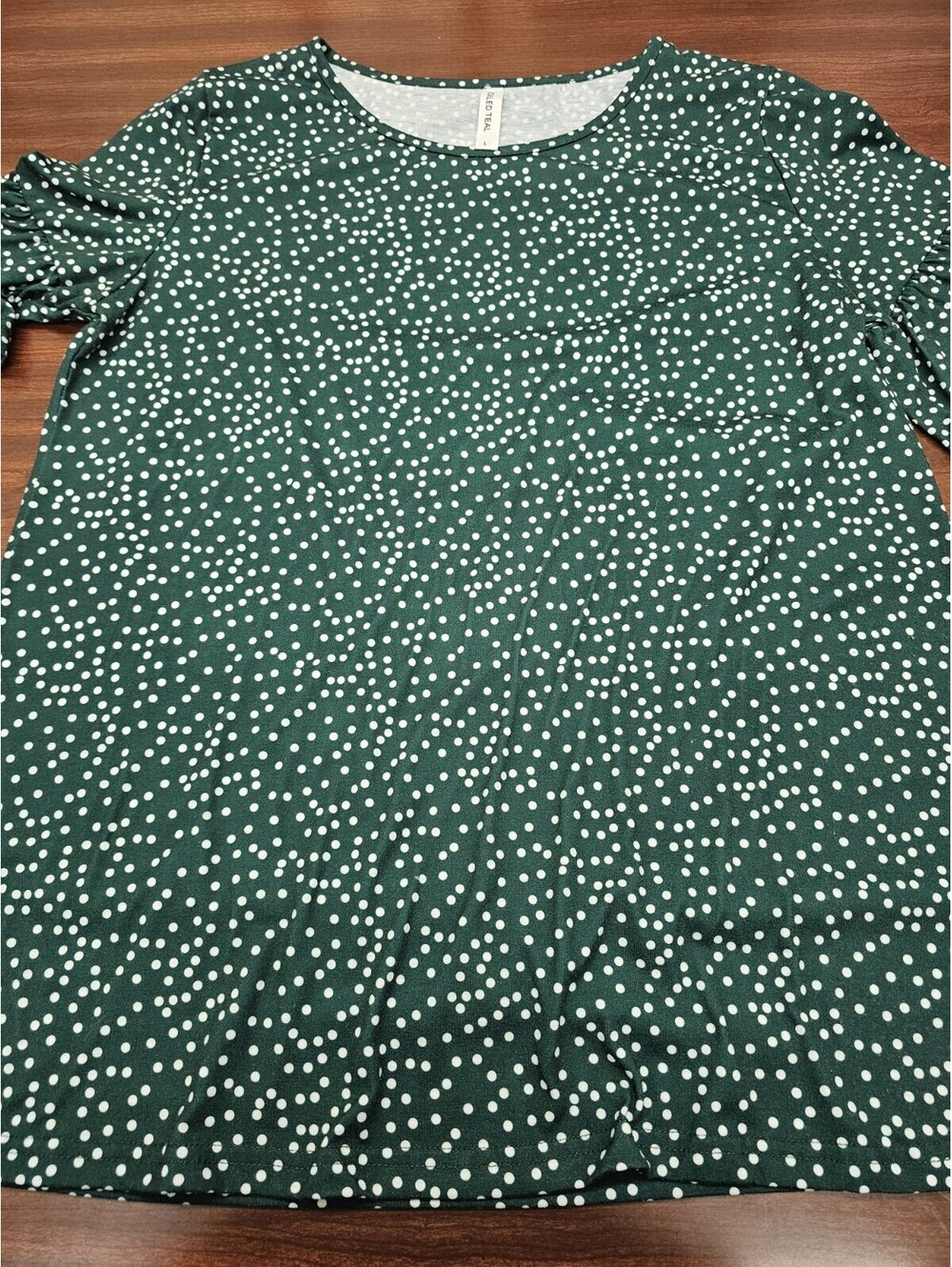 Tickled Teal Women's Top SZ L Green White Polka Dot Short Sleeve Stretch Blouse